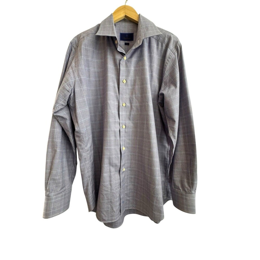 David Donahue Trim Blue / White Check Long sleeve Dress Shirt Size 17.5 34/35